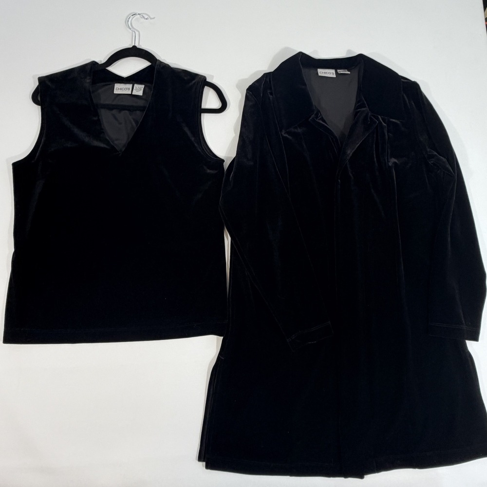 Chicos Velvet Jacket Shell Set Womens Size 2 Black 2pc Duster with Tank